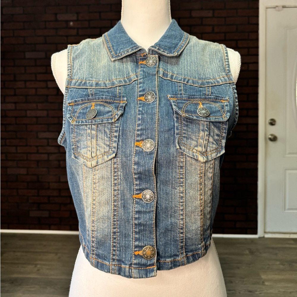New Look Blue‎ Denim Vest Jacket Juniors Large Medium Wash Cropped Y2K